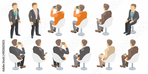 Isometric people set men in suits sitting and standing with phones