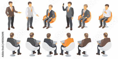 Isometric illustrations of diverse business people in various poses and attire
