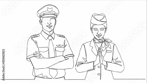High-Quality Black Continuous Line Art of Pilot and Flight Attendant in Professional Aviation Roles