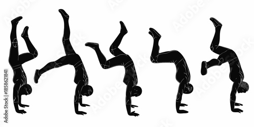 A series of silhouettes demonstrating different stages of a handstand progression