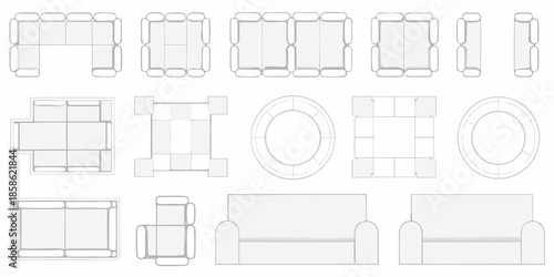 Various furniture arrangements and layouts shown in top and perspective views