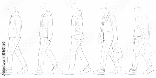 Line art illustration of a man in various walking poses and outfits