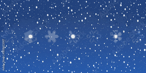 A serene blue backdrop with falling snowflakes and stylized floral designs