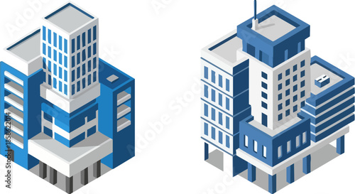 WebIsometric illustration showcasing two modern corporate office buildings with striking blue and white architectural designs symbolizing urban business centers