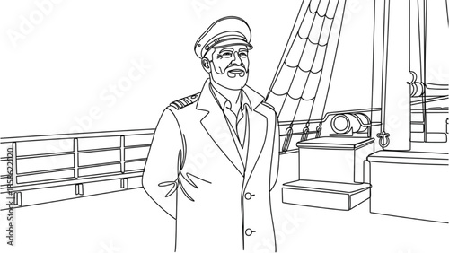 High-Quality Black Continuous Line Art of Ship Captain Standing on Deck