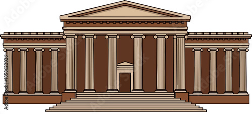 WebNeoclassical style museum building facade illustration featuring prominent tall columns and a triangular pediment suggesting historical architecture and government structures.