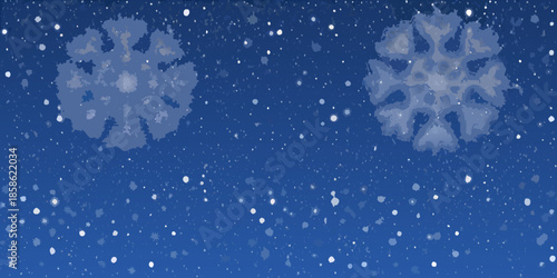 Two detailed snowflakes drift against a softly speckled navy background