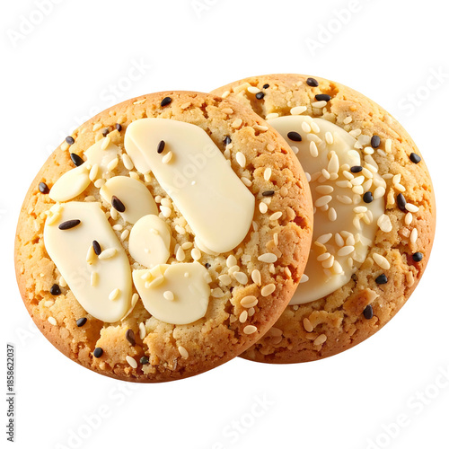Two close-up round cookies with sesame seeds, almond flakes, and white glaze