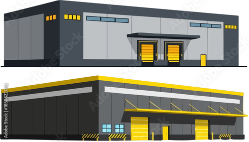WebCollection of two distinct modern industrial warehouse buildings featuring loading docks and contemporary commercial exterior architecture designs for logistics visualization