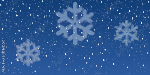 A serene winter scene featuring delicate snowflakes against a deep blue backdrop