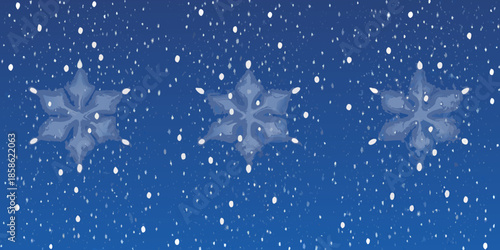 A serene blue background with three large snowflakes and falling snow