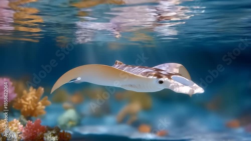 Manta Ray Gliding Gracefully Above the Camera with Soft Wing Shadow and Realistic Ocean Lighting