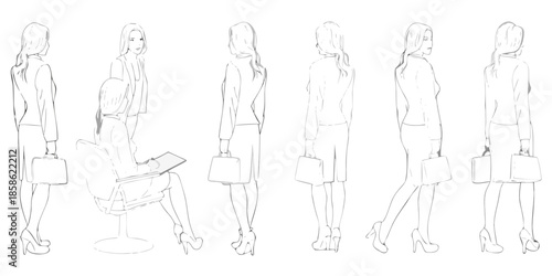Fashion design sketches of women in varying poses and formal attire