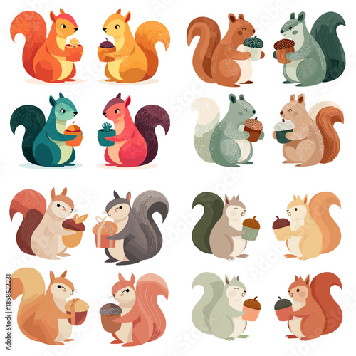Adorable squirrel characters holding nuts and food illustrated in a warm woodland style ideal for kids decor nursery art and friendly nature storytelling