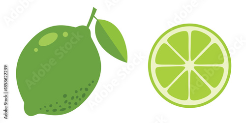 Fresh green lime icon set featuring a whole citrus fruit with a leaf and a cross-section slice for juice branding healthy cooking and tropical recipes