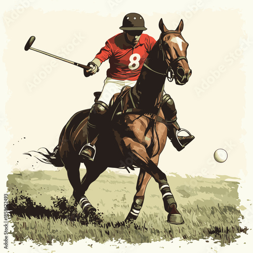 Polo player swings mallet riding horse on grass near ball, number 8 on shirt , vector style simple color