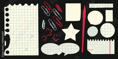 Stationery elements paper pieces clips star and speech bubbles on black