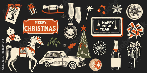 Vintage christmas and new year illustrations with festive decorations and elements