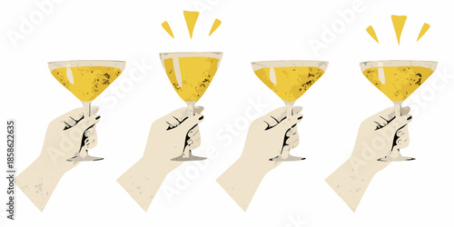 Four hands holding champagne flutes with golden sparkling liquid