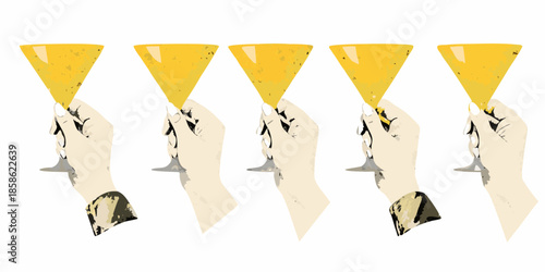 A row of hands holding yellow cocktail glasses in a vintage style