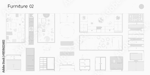 Architectural floor plans and furniture arrangements displayed in a minimalist gray style