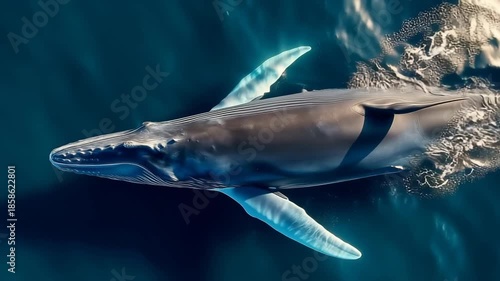 Cinematic realistic blue whale swimming through deep blue ocean waters