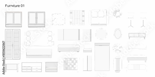 Furniture arrangement plan showcasing various home items in a schematic layout
