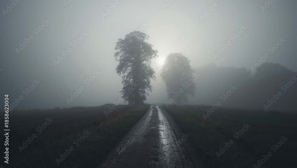 Fototapeta premium Thick fog covering an outdoor scene, limiting sight lines and atmospheric effects, early morning, weather safety focus