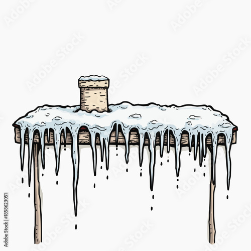 Snow-covered roof with icicles and chimney in winter season  