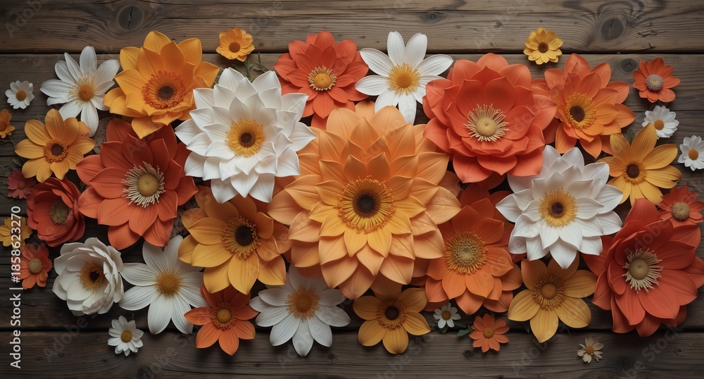 Fototapeta premium flat lay of vibrant handcrafted paper flowers in shades of orange and white on rustic wood.
