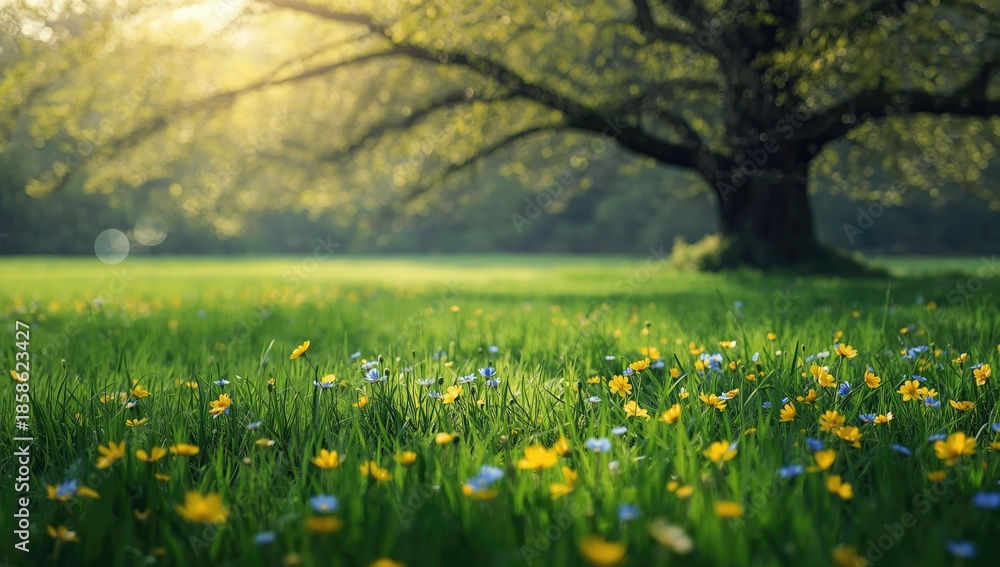 Fototapeta premium Vivid spring flowers sprouting across green fields, highlighting natural growth during the season