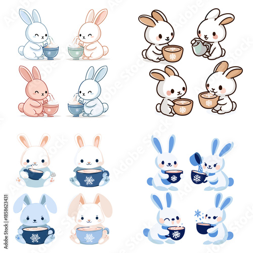 Adorable rabbit characters drinking hot cocoa illustrated in a cozy winter style perfect for kids decor nursery art learning themes and gentle storytelling