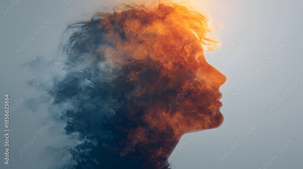 Obraz premium Abstract Silhouette of a Human Head Dissolving into Clouds and Light.