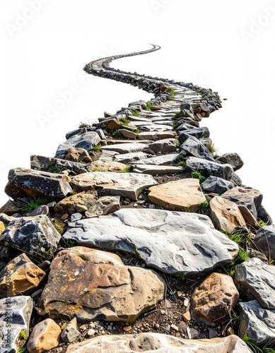Stone path curves uphill, leading to an unknown point