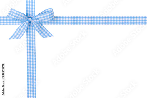 Blue and White Chequered Pattern Crossed Ribbon with Bow Isolated on White and Png Transparent Background
