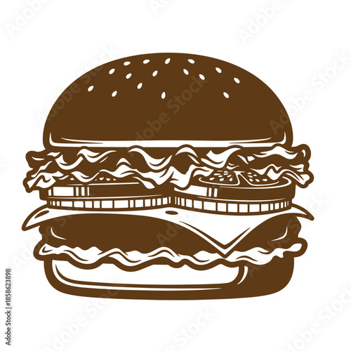 Vintage Brown hamburger with sesame seed bun and layers of meat cheese lettuce tomato on white background