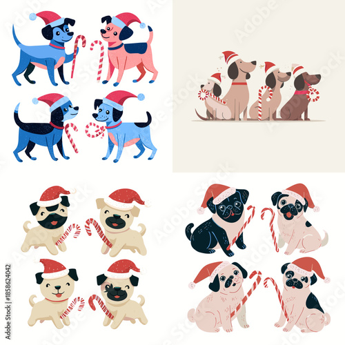 Playful dog characters wearing festive costumes illustrated in a cheerful style perfect for kids decor nursery art parties and friendly pet themed designs