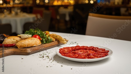 Chorizo sausage placed on a plate in a tapas setting, highlighting processed meat risks, food preparation safety