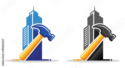 Construction and maintenance logo featuring a skyscraper with a hammer icon for urban repair services building contractors and home improvement