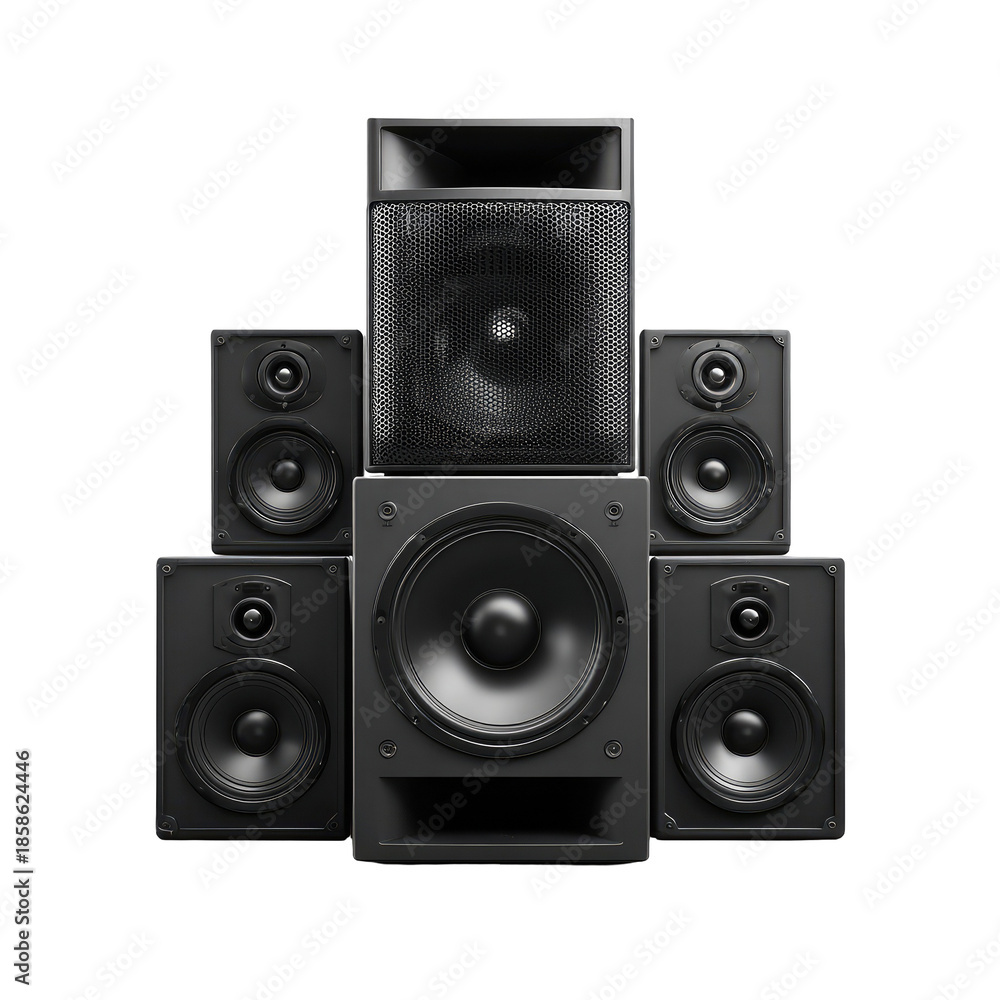 Fototapeta premium Stacked black audio speakers. Several dark gray/black speaker cabinets are arranged in a tiered, pyramid-like formation, each with visible speaker cones