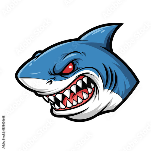 Fierce blue shark head with aggressive red eyes and sharp teeth, depicted as a powerful sports team mascot or emblem. Isolated vector illustration of a marine predator