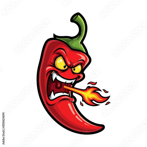 Fierce red hot chili pepper cartoon mascot breathing fire from its mouth, an aggressive and spicy food character concept illustration