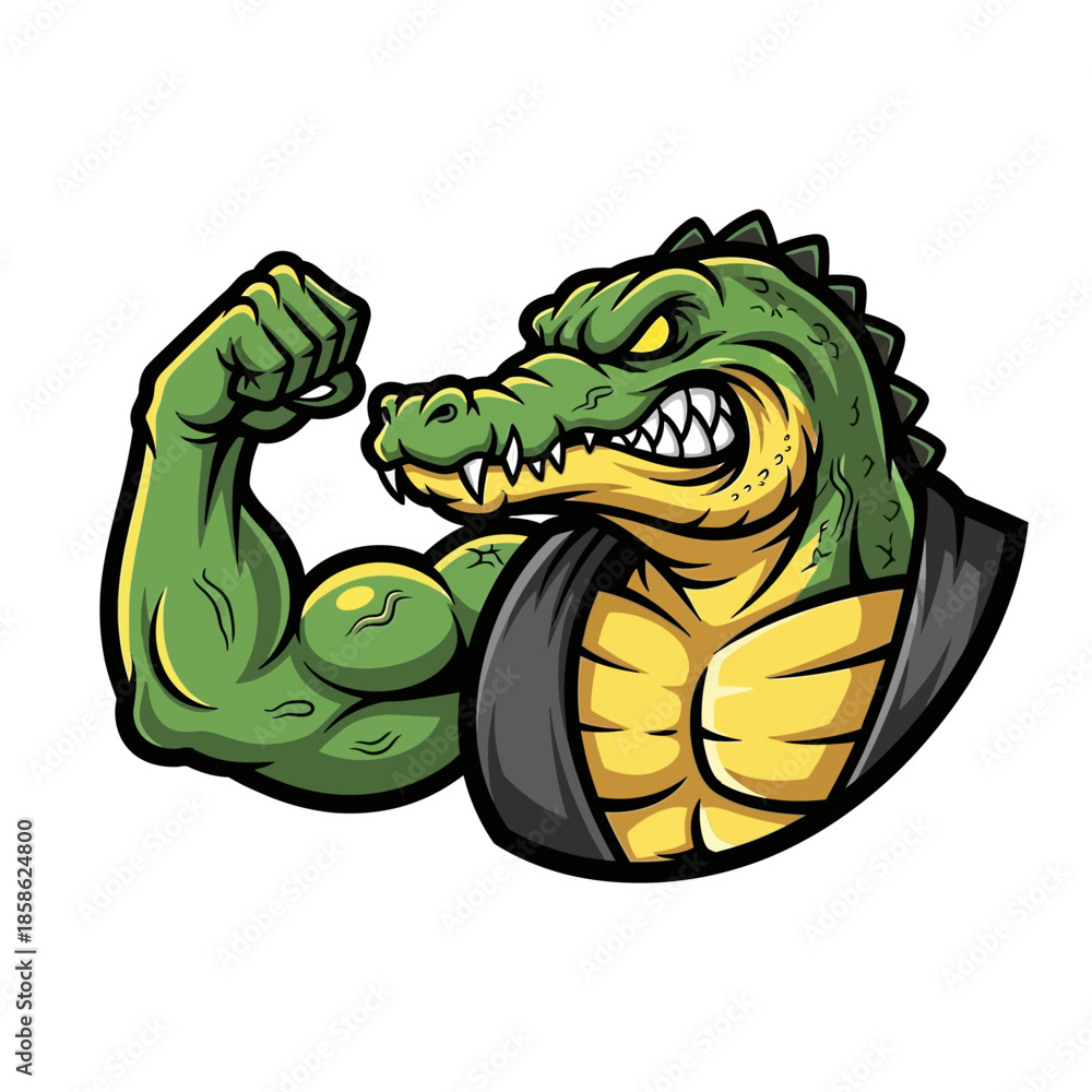 Obraz premium Powerful green alligator mascot flexing bicep, symbolizing strength, determination, and a competitive spirit. Ideal for sports branding or a fierce visual identity