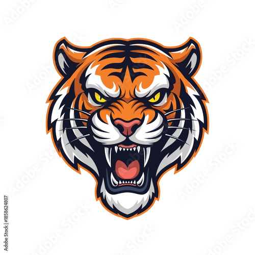 Dynamic illustration of a roaring tiger head, fiercely depicted with bared fangs, symbolizing untamed power and courageous spirit, ideal for sports mascots, team logos, and branding