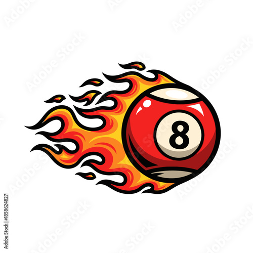 Vibrant illustration of a fiery red eight-ball streaking with dynamic flames, symbolizing speed, power, and intense competition in the game of pocket billiards. Graphic for sports and gaming concepts