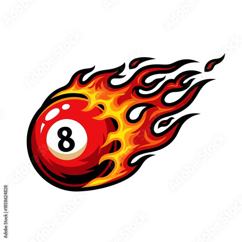 Dynamic illustration of a blazing red 8-ball, engulfed in vibrant orange and yellow flames, symbolizing speed, power, and intensity in a billiard game or competitive sport