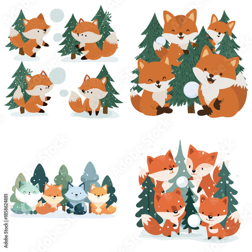 Cute fox family characters playing together among pine trees in a warm woodland illustration set ideal for kids decor nursery art and friendly nature storytelling