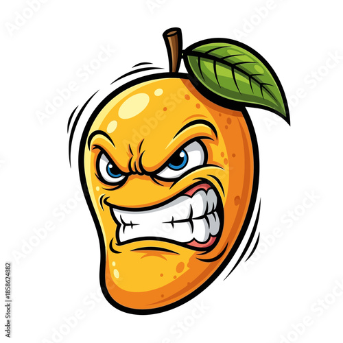 Angry Mango Character Illustration with Fierce Expression and Green Leaf