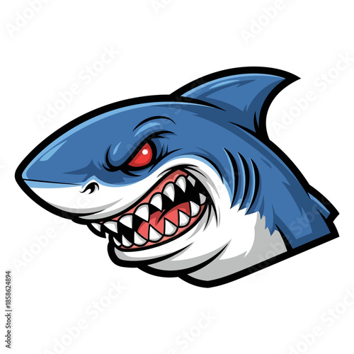 Fierce and aggressive cartoon shark head illustration, showcasing menacing red eyes and sharp teeth, perfect for a dynamic mascot, logo, or sports team emblem design