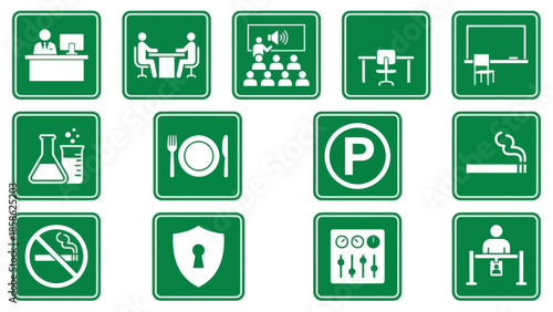 Vector icons Collection of Green Square Information and Warning Signs for Various Public and Private Spaces. Vector Illustration. EPS Editable